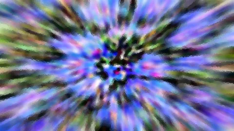 Abstrakte Komposition aus radial verlaufenden, verwischten Streifen in Blau, Violett und Grün, die von einem dunklen Zentrum nach außen strahlen.