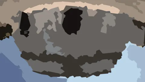 Abstrakte Komposition aus grauen, braunen und hellblauen Flächen mit unregelmäßigen Kanten.