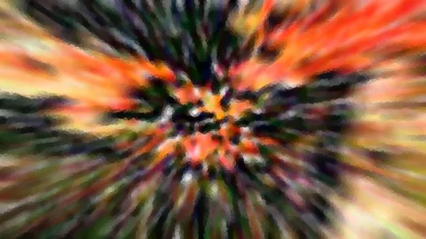 Abstrakte Komposition aus radialen Schlieren in Orange, Rot und Dunkelgrün, die von einem hellen Zentrum nach außen strahlen und pixelig verwischt wirken.