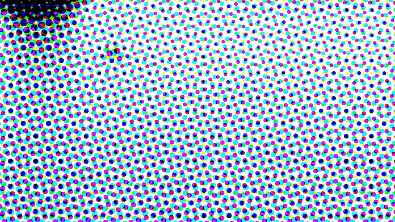 Dichtes Raster aus kleinen farbigen Punkten in Cyan, Magenta, Gelb, Rot, Grün und Blau auf weißem Grund, oben links dunkler und dichter.