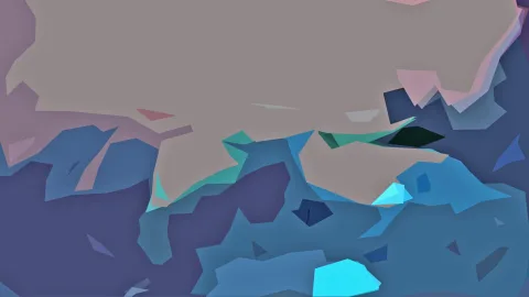 Abstrakte Komposition aus kantigen, flächigen Formen in Beige, Blaugrau und Türkis, mit leuchtenden Cyan-Akzenten im unteren Bereich.
