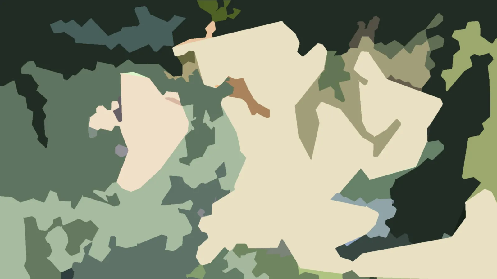 Abstrakte Komposition aus unregelmäßigen, flachen Farbflächen in Dunkelgrün, Salbeigrün, Beige und Braun