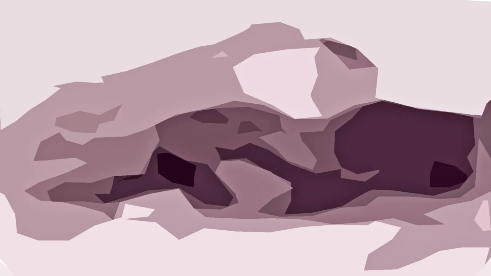 Abstrakte Komposition aus flachen, unregelmäßigen Formen in Rosa, Mauve und dunklem Pflaumenviolett, die sich von hellen Rändern zu einer dunklen Mitte verdichten.