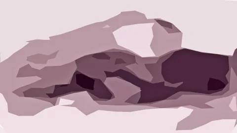Abstrakte Komposition aus flachen, unregelmäßigen Formen in Rosa, Mauve und dunklem Pflaumenviolett, die sich von hellen Rändern zu einer dunklen Mitte verdichten.