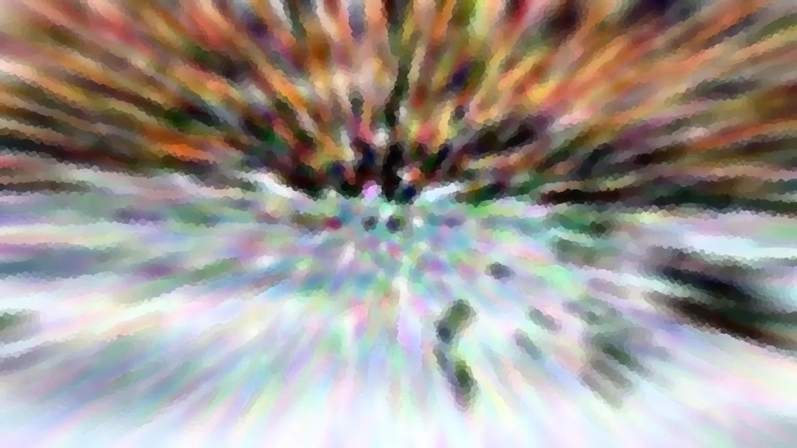 Abstrakte Komposition mit radialen Farbstreifen in Orange, Grün, Pink und Weiß, mosaikartig verpixelt.