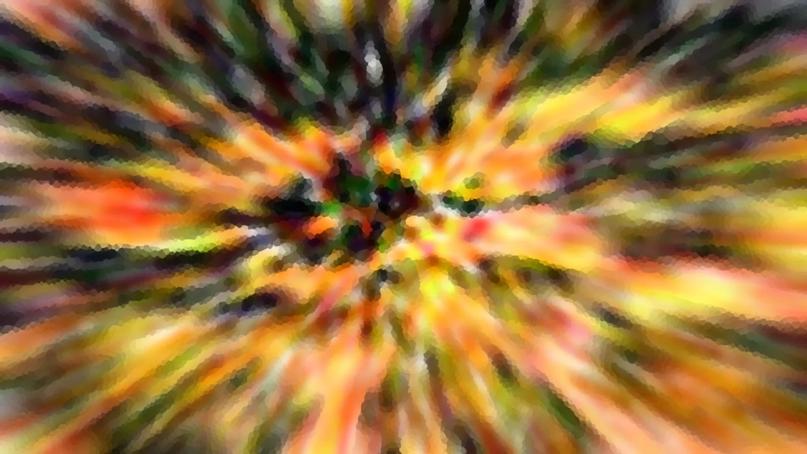 Abstrakte Komposition aus radial verlaufenden Streifen in Orange, Gelb, Grün und Rot, mit einem dunklen Zentrum in der Mitte.