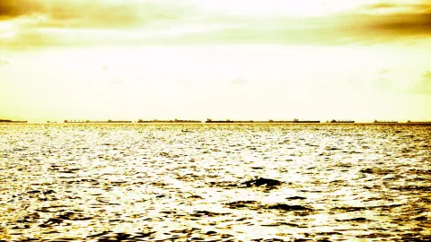 Weites Meer unter goldgelbem Himmel, am Horizont liegt eine Reihe dunkler Frachtschiffe.