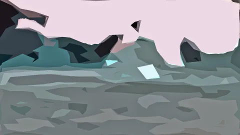 Abstrakte Komposition aus grauen und türkisen Facettenflächen, oben ein helles rosa Feld mit dunklen, kantigen Formen.