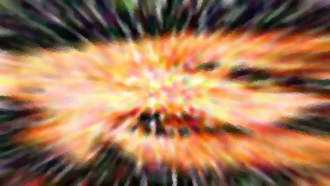 Abstrakte Komposition mit radial von der Mitte ausstrahlenden Streifen in Orange, Gelb, Grün und Dunkelgrau, die mosaikartig verpixelt wirken.