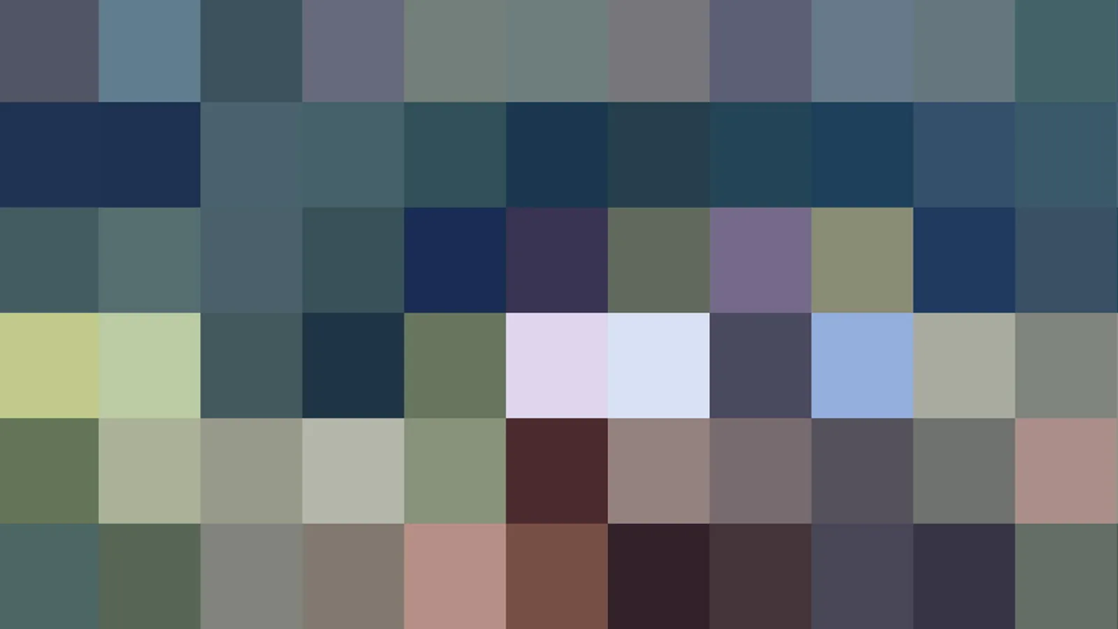 Raster aus etwa 50 quadratischen Farbfeldern in gedämpften Blau-, Grün-, Grau- und Violetttönen, einzelne Felder in Creme, Rosa und Dunkelrot.