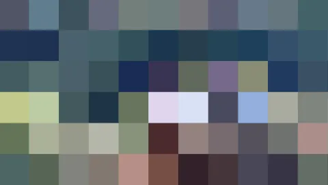 Raster aus etwa 50 quadratischen Farbfeldern in gedämpften Blau-, Grün-, Grau- und Violetttönen, einzelne Felder in Creme, Rosa und Dunkelrot.