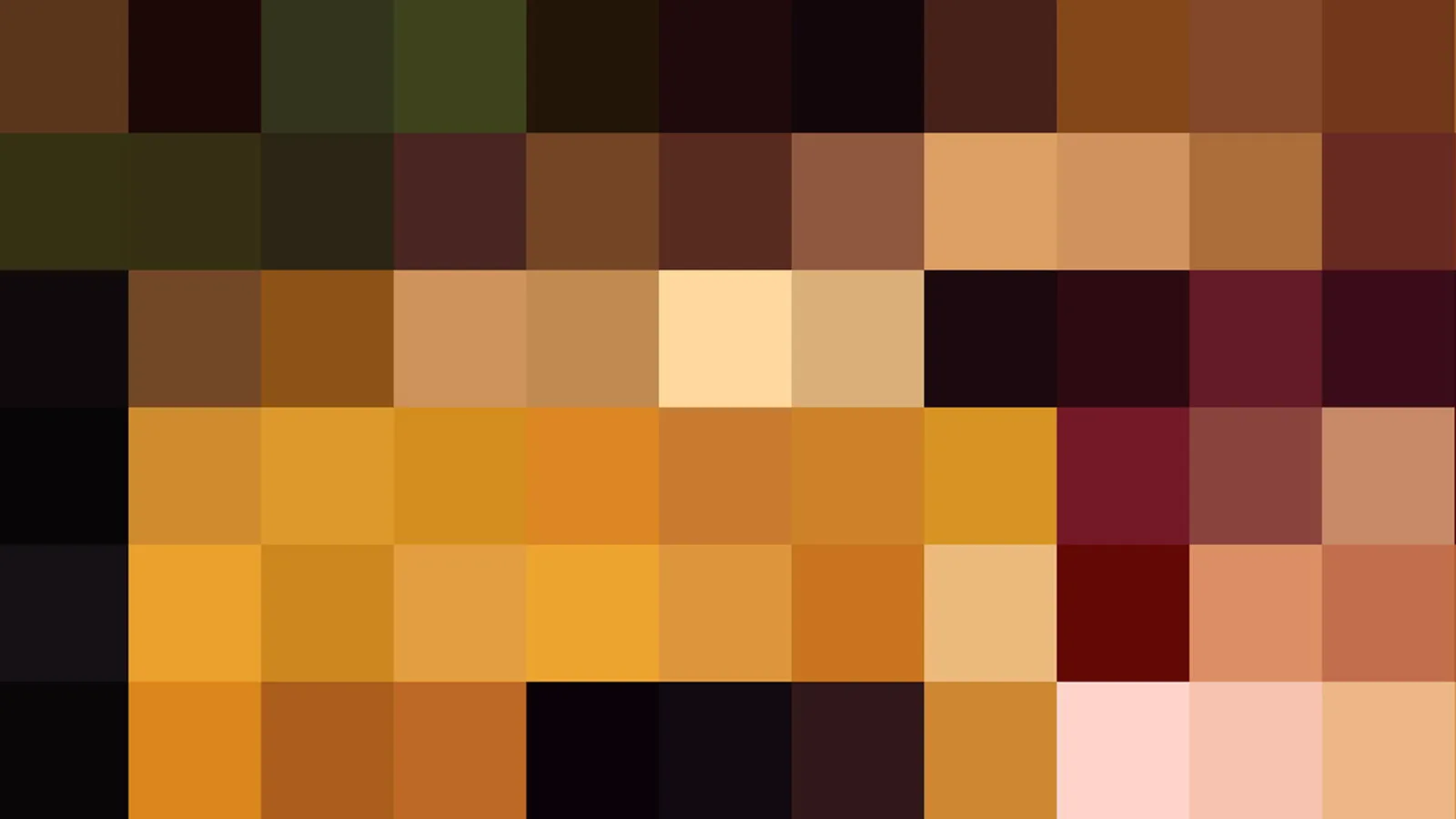 Abstraktes Mosaik aus quadratischen Farbfeldern in Braun, Orange, Gelb, Rosa und Dunkelrot, in einem Raster angeordnet.