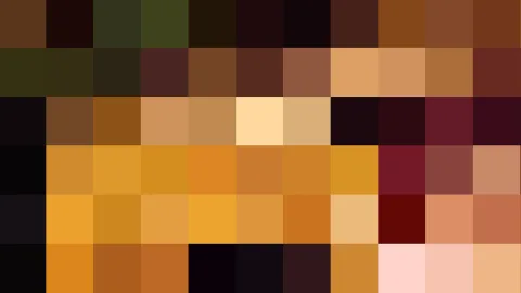 Abstraktes Mosaik aus quadratischen Farbfeldern in Braun, Orange, Gelb, Rosa und Dunkelrot, in einem Raster angeordnet.