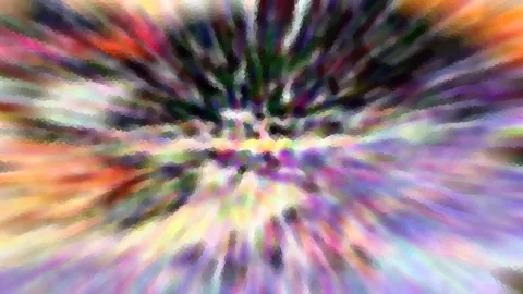 Abstrakte, radial verwischte Farbstreifen in Violett, Grün, Orange und Gelb, die von einem hellen Zentrum nach außen laufen.