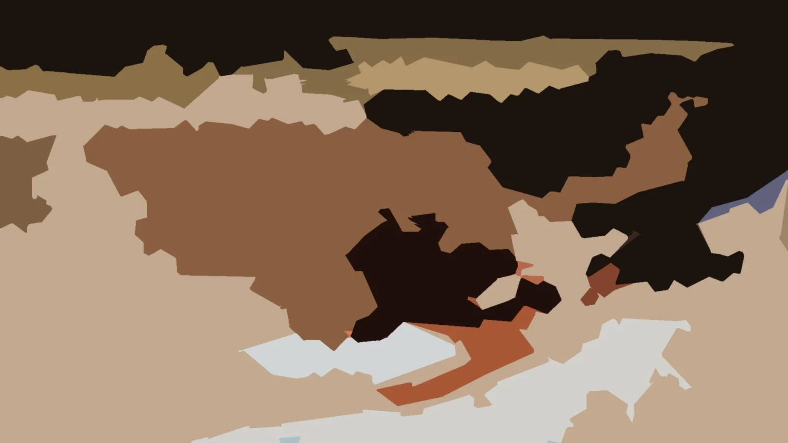 Abstrakte Komposition aus flachen, unregelmäßig geformten Farbflächen in Braun, Schwarz, Beige, Orange und Hellgrau.