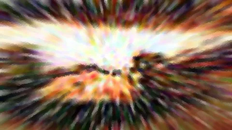 Abstrakte Komposition aus bunten Streifen, die radial vom hellen, fast weißen Zentrum nach außen verwischen, mit dunklen Schlieren und Mosaik-Pixeln.