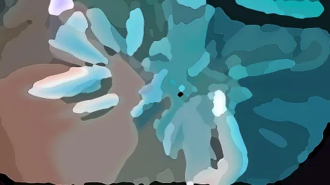 Abstrakte Komposition aus flächigen Pinselformen in Blau, Türkis und Braun, durchsetzt von hellen Lichtern.