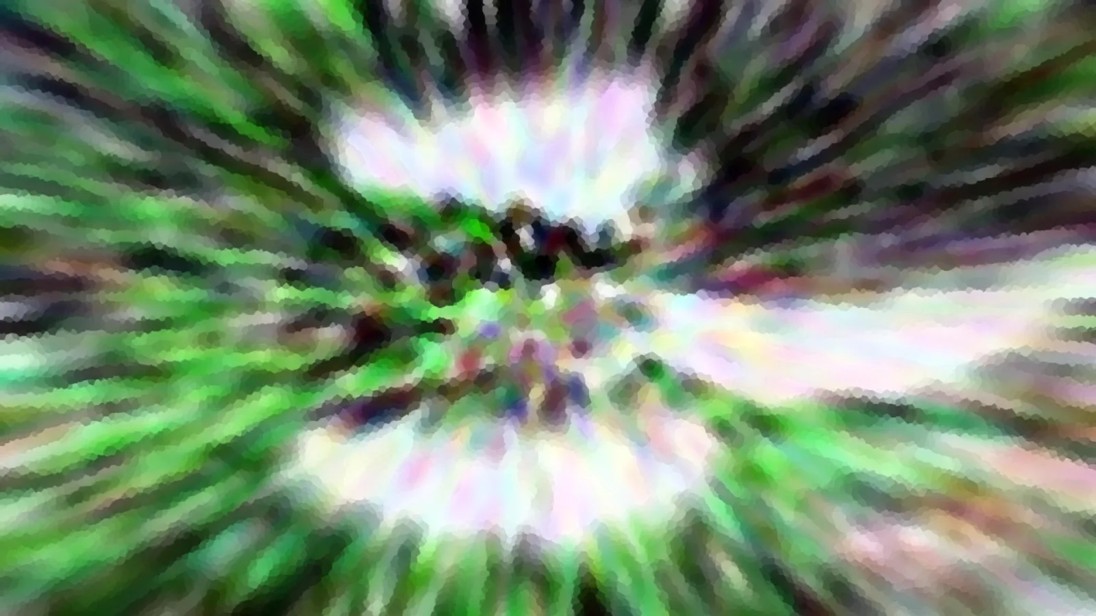 Abstrakte Komposition aus grünen, weißen und dunklen Streifen, die von einem hellen Zentrum radial nach außen laufen, mit grobem Mosaikraster.