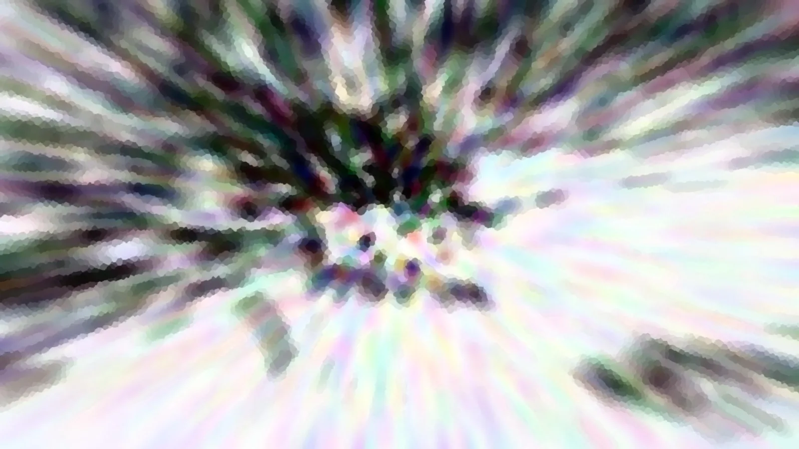 Abstrakte Komposition aus hellen Pastelltönen und dunklen grünen und violetten Streifen, die strahlenförmig von einem dunklen Zentrum nach außen verlaufen, mit grobem Mosaik- und Pixelmuster.