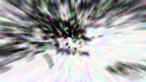 Abstrakte Komposition aus hellen Pastelltönen und dunklen grünen und violetten Streifen, die strahlenförmig von einem dunklen Zentrum nach außen verlaufen, mit grobem Mosaik- und Pixelmuster.