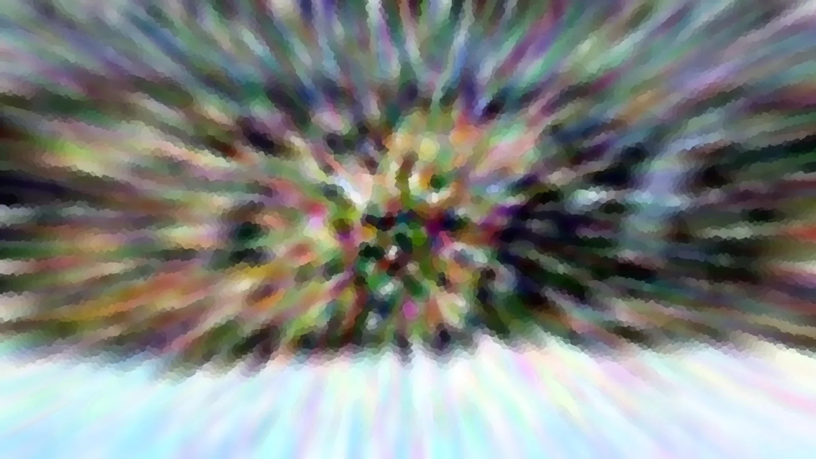 Abstraktes Bild mit bunten Farbstrahlen, die von einem dunklen, verwaschenen Zentrum nach außen laufen, mosaikartig gepixelt, unten heller pastellfarbener Bereich.