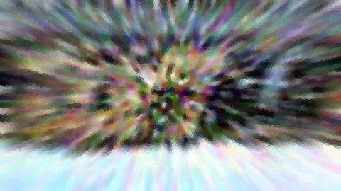 Abstraktes Bild mit bunten Farbstrahlen, die von einem dunklen, verwaschenen Zentrum nach außen laufen, mosaikartig gepixelt, unten heller pastellfarbener Bereich.