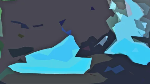 Abstrakte Komposition aus hellblauen und dunkelblauen kantigen Flächen auf grauem Grund, links ein großer heller Block, rechts oben eine helle Formation.