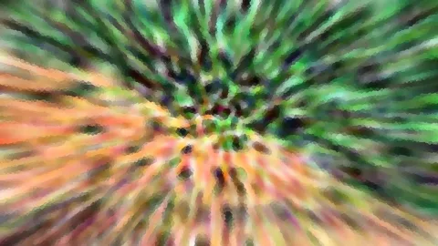 Abstrakte Komposition aus grünen und orangefarbenen Streifen, die von einem dunklen Zentrum radial nach außen laufen.