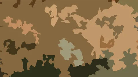 Abstraktes Muster aus unregelmäßigen Flecken in Braun, Beige, Oliv und Dunkelgrün auf dunkelbraunem Grund.