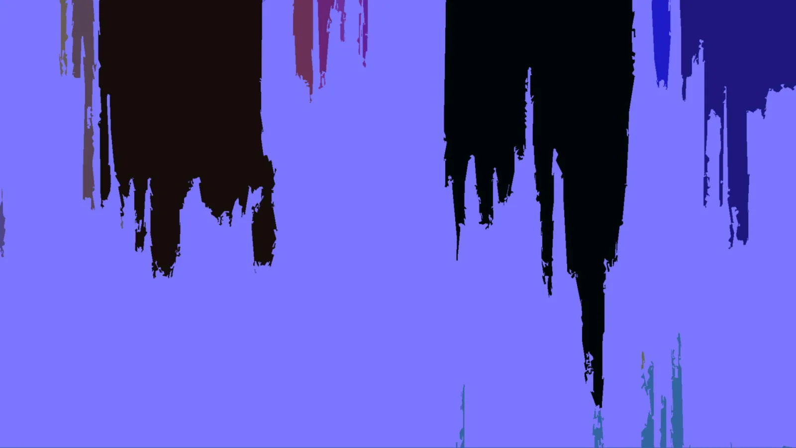 Abstraktes Bild auf lavendelfarbenem Grund, von oben laufen dunkle schwarze, braune und violette Farbstreifen nach unten.