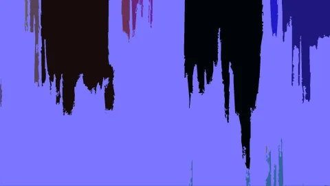 Abstraktes Bild auf lavendelfarbenem Grund, von oben laufen dunkle schwarze, braune und violette Farbstreifen nach unten.