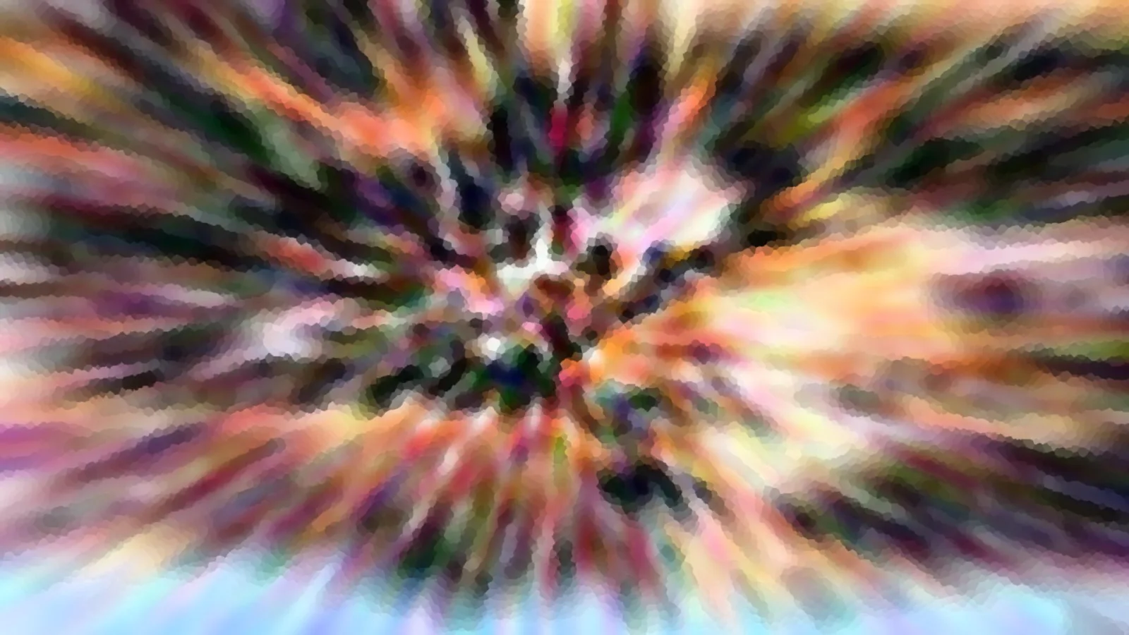 Abstraktes Bild mit bunten Streifen, die von einer dunklen Mitte radial nach außen laufen, mosaikartig gepixelt, im unteren Bereich ein heller blauer Verlauf.