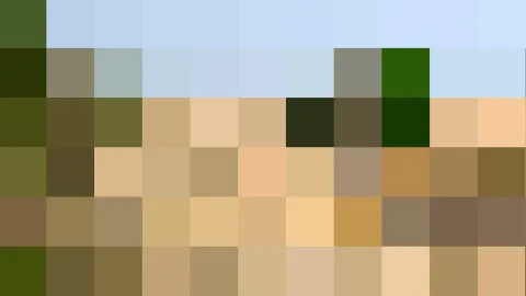 Pixelmosaik aus hellblauen, grünen und sandfarbenen Blöcken, oben ein heller Himmelsstreifen