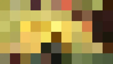 Mosaik aus quadratischen Pixelblöcken in Gelb, Oliv, Grün, Braun sowie vereinzelt Rot und Schwarz.