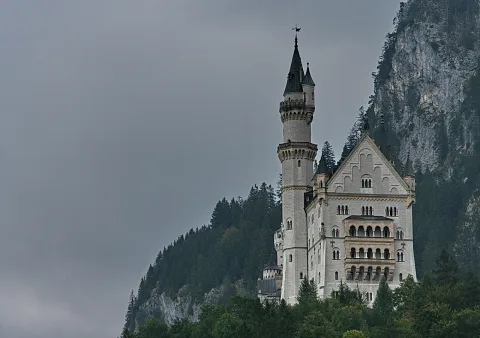 Das weiße Schloss Neuschwanstein mit spitzen Türmen auf einem bewaldeten Felsen unter grauem Himmel.