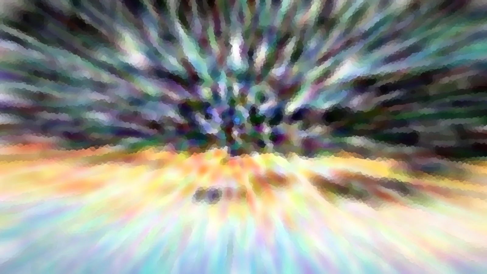 Abstraktes Bild mit radial von der Mitte ausgehenden bunten Streifen in Grün, Violett und Weiß, darunter ein warmer gelb-oranger Bereich mit pixeligem Muster.