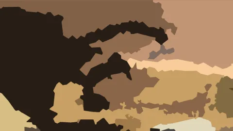 Abstraktes Bild aus gezackten Flächen in dunklem Braun, Beige und Sandtönen, links dominiert eine große dunkle Form.