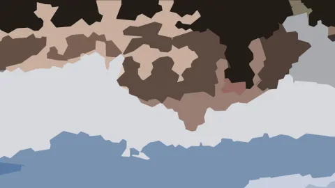 Abstrakte Komposition aus unregelmäßigen Flächen in Schwarz, Braun, Beige, Grau und Blau, mit einem kleinen roten Akzent