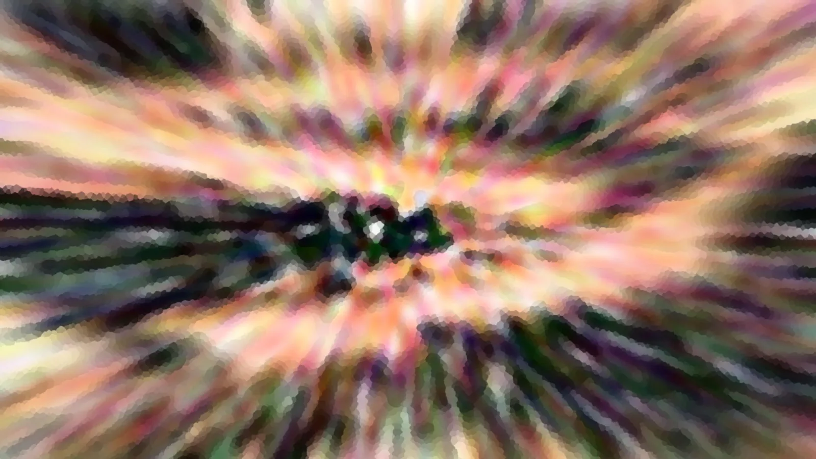 Abstraktes Bild mit radial von einem dunklen Zentrum nach außen laufenden Streifen in Rosa, Orange, Gelb und Grün, pixelig und verwischt.