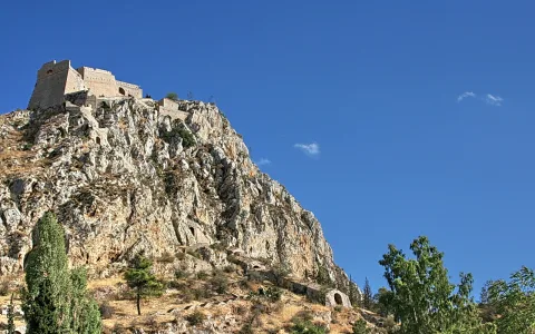 Steinerne Festung auf einem steilen, felsigen Gipfel unter blauem Himmel, davor Bäume und trockenes Gras.
