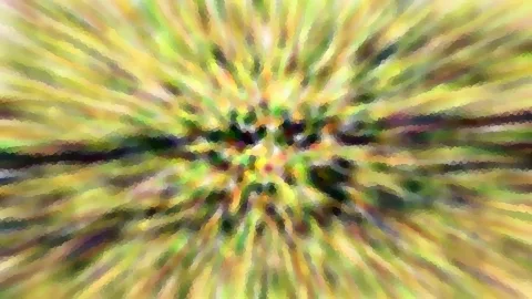 Abstrakte Komposition aus gelben, grünen und braunen Farbschlieren, die von einem dunklen Zentrum radial nach außen strahlen.