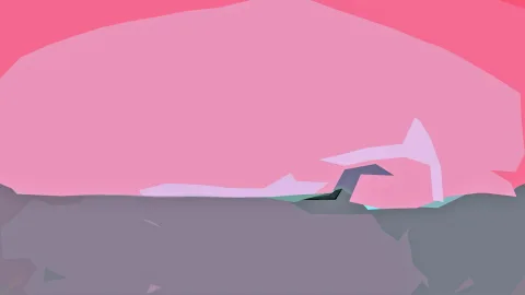 Abstrakte Landschaft aus flächigen Dreiecken: oben ein großer rosa Himmel, unten graue Felsformen, dazwischen lavendelfarbene und türkise Akzente.