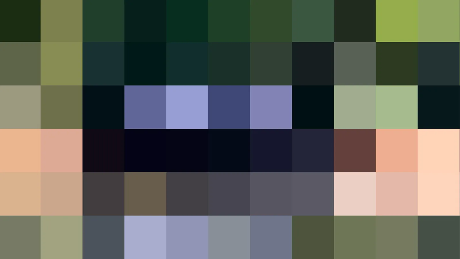 Raster aus farbigen Blöcken in dunklem Grün, Blau, Violett, Beige und Schwarz, in sechs Zeilen angeordnet.