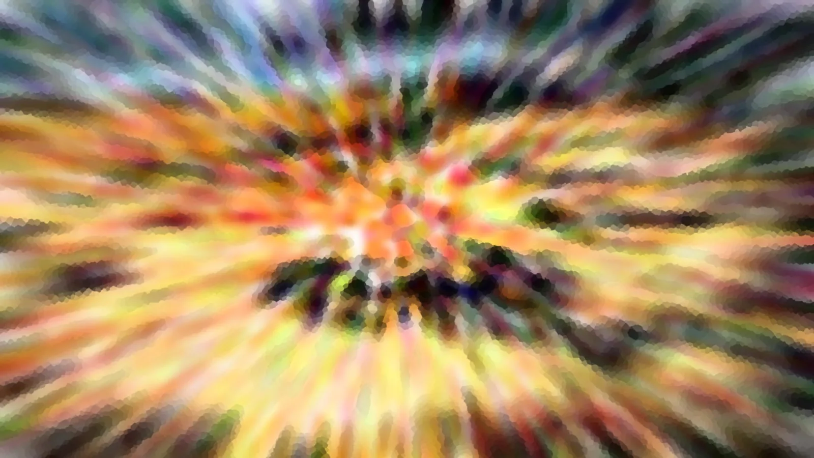 Abstrakte Komposition aus radial von einem Zentrum ausstrahlenden, verwischten Streifen in Gelb, Orange, Rot, Grün und Blau, mit dunklen Flecken im Zentrum.