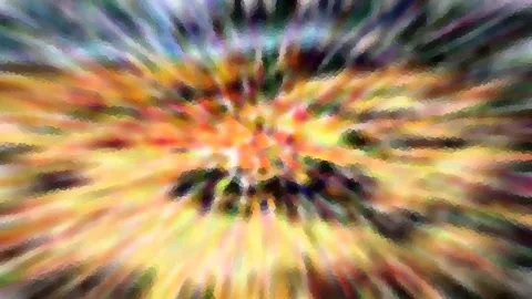 Abstrakte Komposition aus radial von einem Zentrum ausstrahlenden, verwischten Streifen in Gelb, Orange, Rot, Grün und Blau, mit dunklen Flecken im Zentrum.