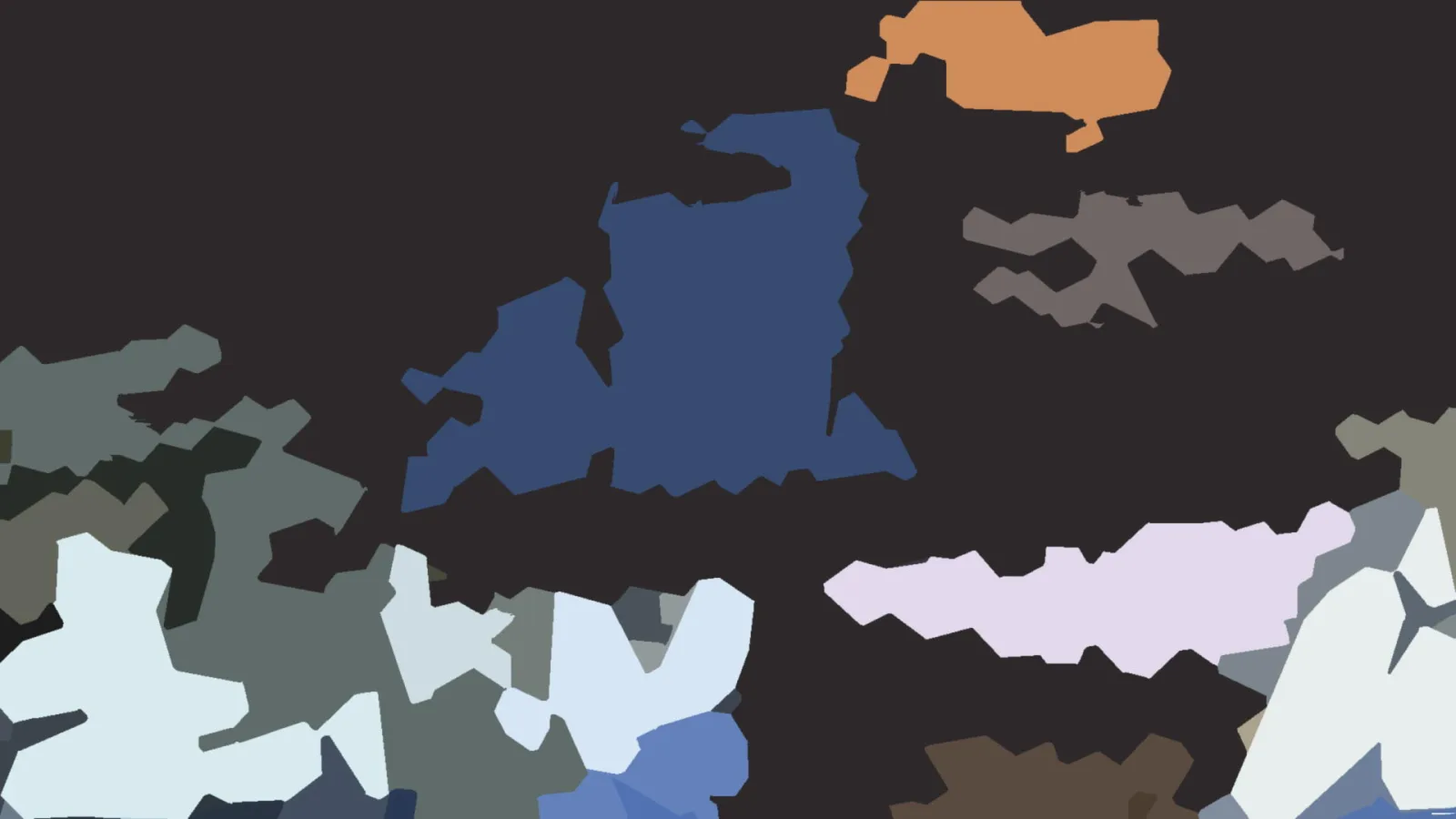 Flache, unregelmäßige Farbfelder in Orange, Blau, Grau und Hellblau auf dunklem Hintergrund.