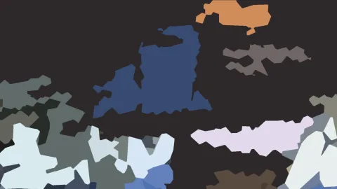 Flache, unregelmäßige Farbfelder in Orange, Blau, Grau und Hellblau auf dunklem Hintergrund.