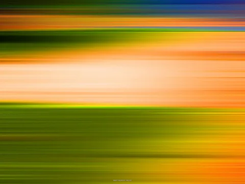 Abstrakte horizontale Streifen aus Orange, Gelb, Grün und Blau, die wie eine schnelle Wischbewegung verschwimmen; oben ein blauer Streifen, in der Mitte ein heller cremefarbener Bereich.