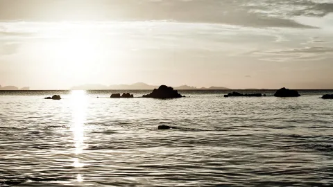 Ruhiges Meer im warmen Gegenlicht der tiefstehenden Sonne, aus dem Wasser ragen mehrere dunkle Felsen und Inseln, im Hintergrund zeichnen sich flache Bergketten am Horizont ab.