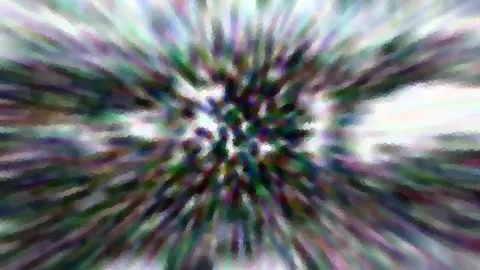 Abstrakte Komposition aus radial von der Mitte nach außen laufenden, verwischten Streifen in Grün, Violett und Weiß, mit einem helleren Bereich rechts oben.